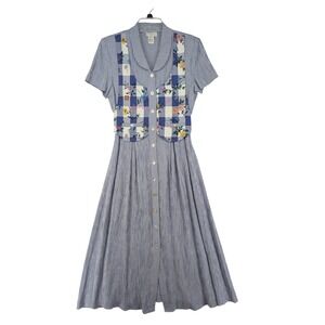 Vintage EXPO Women's Blue Gingham Floral Button Front Midi Dress 8 Vested Front